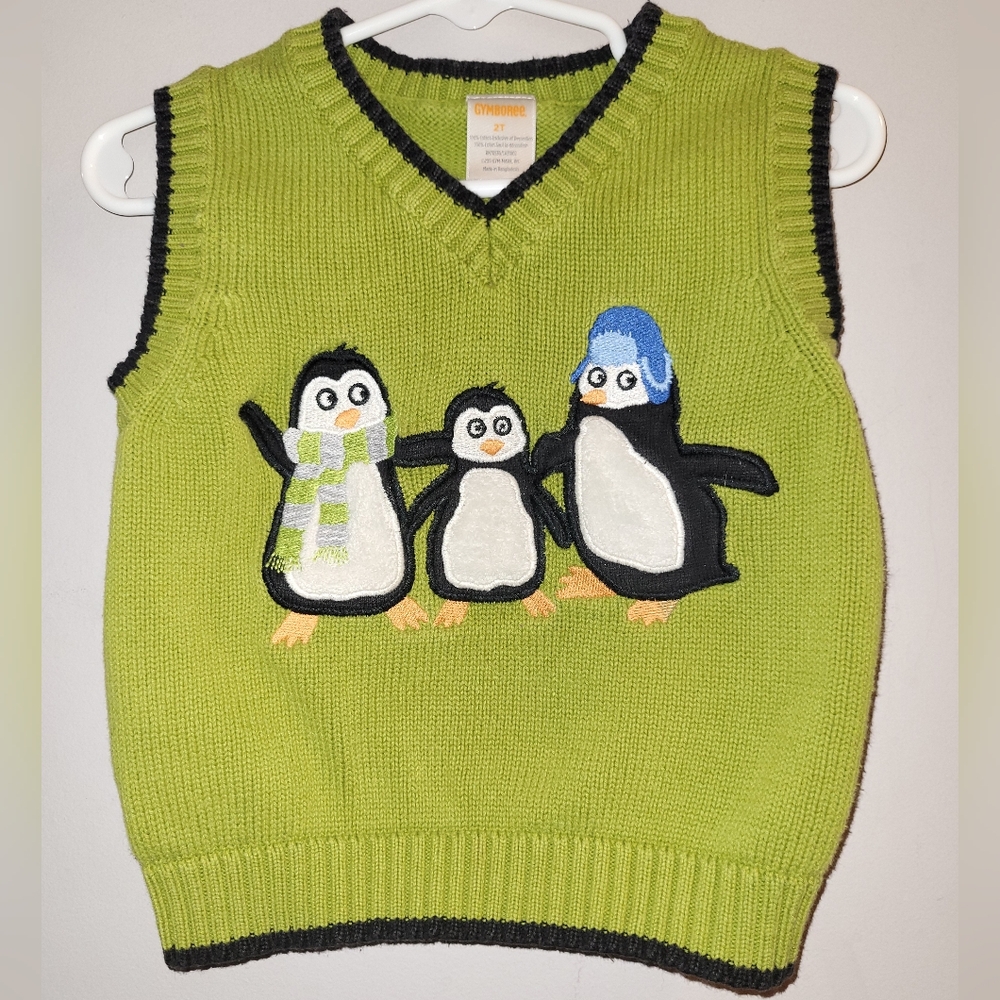🐧 Vintage Gymboree Ice Hero Olive Green Penguin Knit Cotton Vest 2T Toddler Boy